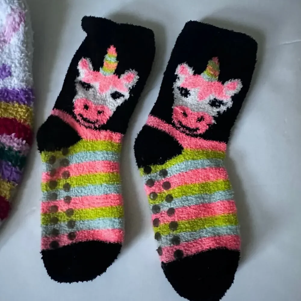 Girls Animal Print Fuzzy Socks with Grips - 3 Pairs